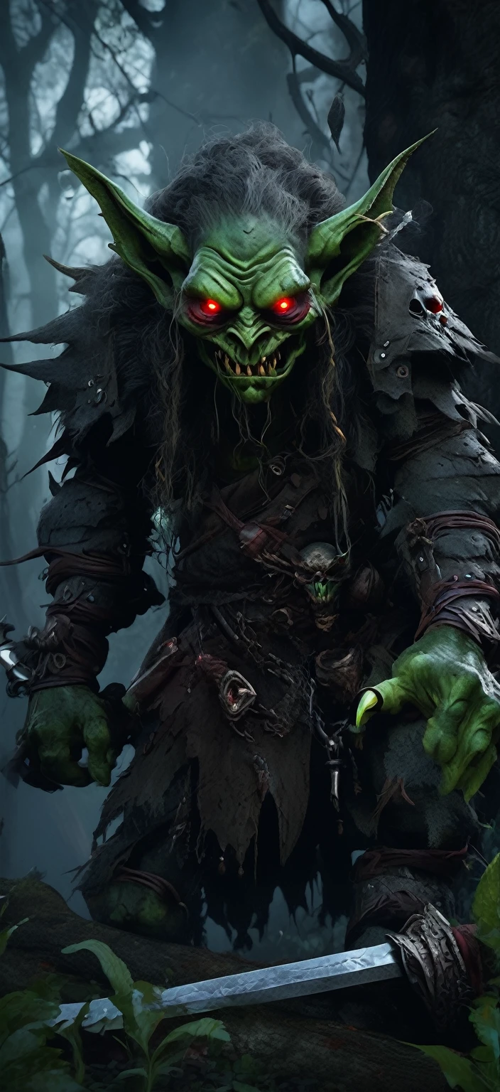 A dark fantasy goblin lurking in a mysterious, eerie forest. The goblin has a sinister, malevolent appearance with glowing red eyes, sharp teeth, and twisted, gnarled features. Its skin is a sickly green with rough, patchy texture. It wears tattered, dark leather armor adorned with bones and skulls. In one hand, it holds a wickedly sharp dagger, and in the other, a small, glowing orb. The background features a dark, misty forest with gnarled trees and faint, ghostly lights, creating an ominous atmosphere. The overall mood is dark and foreboding, emphasizing the goblin's menacing presence. Highly detailed, cinematic lighting, 4k resolution.
