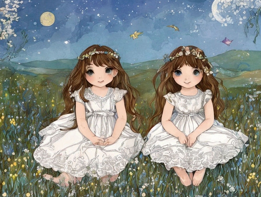 a small girl with brown hair, brown eyes, blue long-sleeved dress, sitting in a field of white flowers, pastel colors, I want the illustrations to have a similar style to the 'Little Twin Stars.' This means that the characters must be adorable and cute, with soft, rounded features. Use a pastel color palette, with lots of pinks, light blues, pale yellows and lilacs. Illustrations should have a dreamy and enchanting look, with delicate details such as stars, fluffy clouds and celestial elements. The characters' expressions should be sweet and innocent, conveying a feeling of purity and joy. The scenes must have a touch of magic and fantasy, with a warm and welcoming atmosphere.