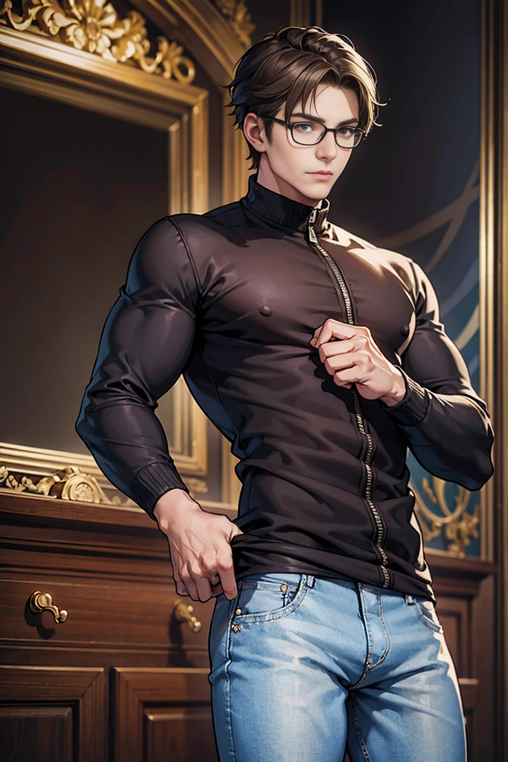 realistic, masterpiece, intricate details, detailed background, depth of field, muscular, Photo of a handsome American magician,american man, 25 years old,Wear an unzipped brown long-sleeved jacket with a white round-neck shirt underneath.,Wear tight jeans.,earth element spell,Dark Brown Hair Color, short hair Hair Style, white skin, sexy muscular,Standing in a magic classroom,Wear glasses