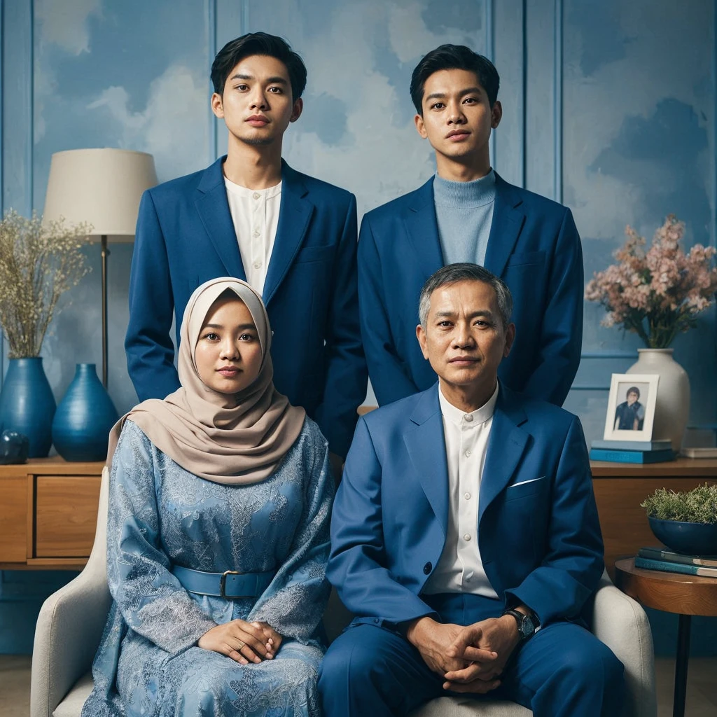 Studio Photography of Indonesian family of 4 members, a couple aged 55 sitting on a couple's chair clean face with hijab, standing behind them there's 2 people, a woman aged 30 buzz cut hair, a man aged 35 with crew hair, all wearing blue formal suit and dress, background in a studio with blue abstract pattern walls, flower vases, side tables, photography, good lighting, fresh color, 8k, warm family