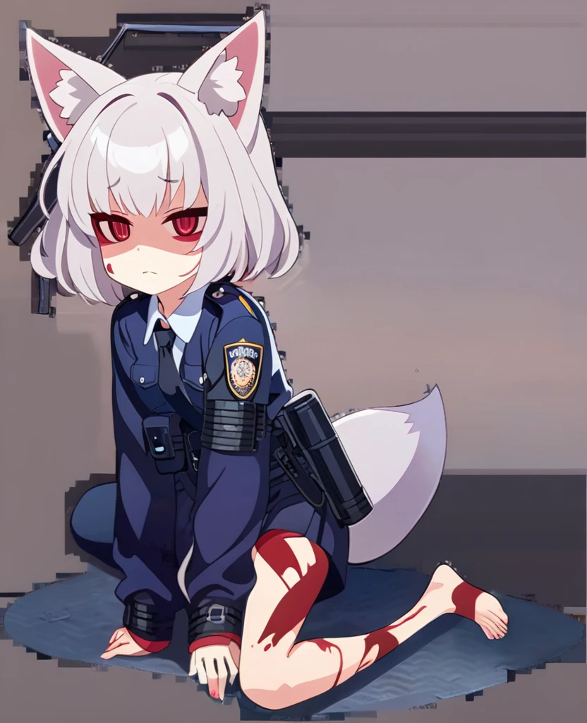 1girl,Fox Girl,Slit eyes,Silver Hair,Red eyes,long trimmed hair,high school girl,Police uniform,Character portrait,Mobile Task Force Equipment,A faint smile,Suspicious Smile,full Art,Artwork style,Full body painting,No background,Drawn down to the toes