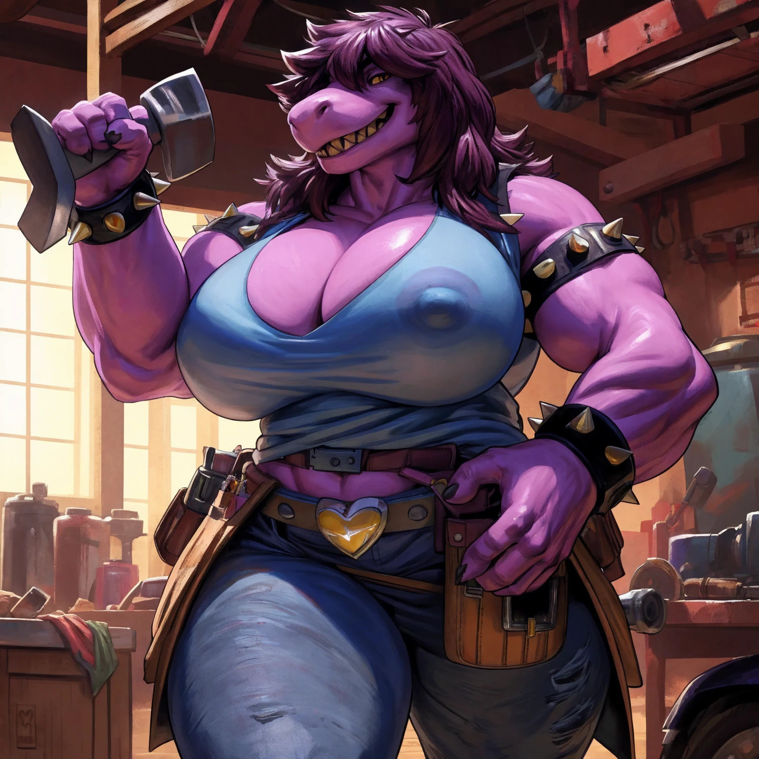 (Solo:1.2), susie deltarune, smooth skin, 1girl, (female:1.5), susie, reptilian, dark hair, messy hair, yellow eyes, muscular, chunky, stocky, thickset, (huge breasts:1.2), cleavage, broad shoulders, wide hips, huge ass, short tail, (nipple outline:0.85), thick legs, bare midriff, abs, muscular thighs, standing upright, casual posture, (laughing), dirty tank top, spiked bracelets, jeans, (heart shaped belt buckle:1.2), looking at viewer, yellow teeth, uploaded to e621.net, masterpiece, 8k, realistic textures, realistic lighting, highly detailed, (tool belt:1.5), mechanic, indoors, garage, workshop, cars in background, by darkgem, by meesh, by boosterpang, by BNG, 