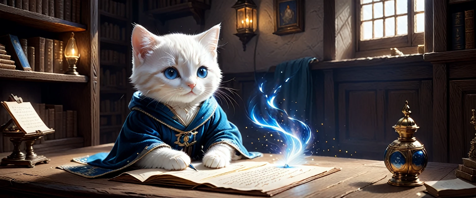 C4tt4stic, the historical background is medieval Europe, wearing a luxurious robe, surrounded by fine light particles, small and cute creature illustration, cute creature writing a letter alone in his room at home, fantasy art, exquisite details, Jean-Baptiste Monge style, Alan Lee style, anthropomorphic white kitten with blue eyes, movie scene, dramatic shot angle, atmospheric particles, realistic, raw cinematic photorealism, action portrait, 8k, detailed, full frame