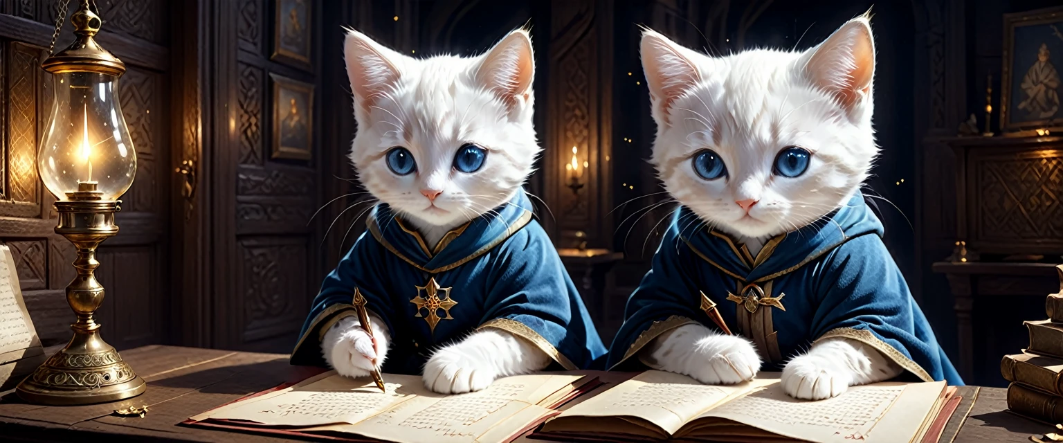 C4tt4stic, the historical background is medieval Europe, wearing a luxurious robe, surrounded by fine light particles, small and cute creature illustration, cute creature writing a letter alone in his room at home, fantasy art, exquisite details, Jean-Baptiste Monge style, Alan Lee style, anthropomorphic white kitten with blue eyes, movie scene, dramatic shot angle, atmospheric particles, realistic, raw cinematic photorealism, action portrait, 8k, detailed, full frame