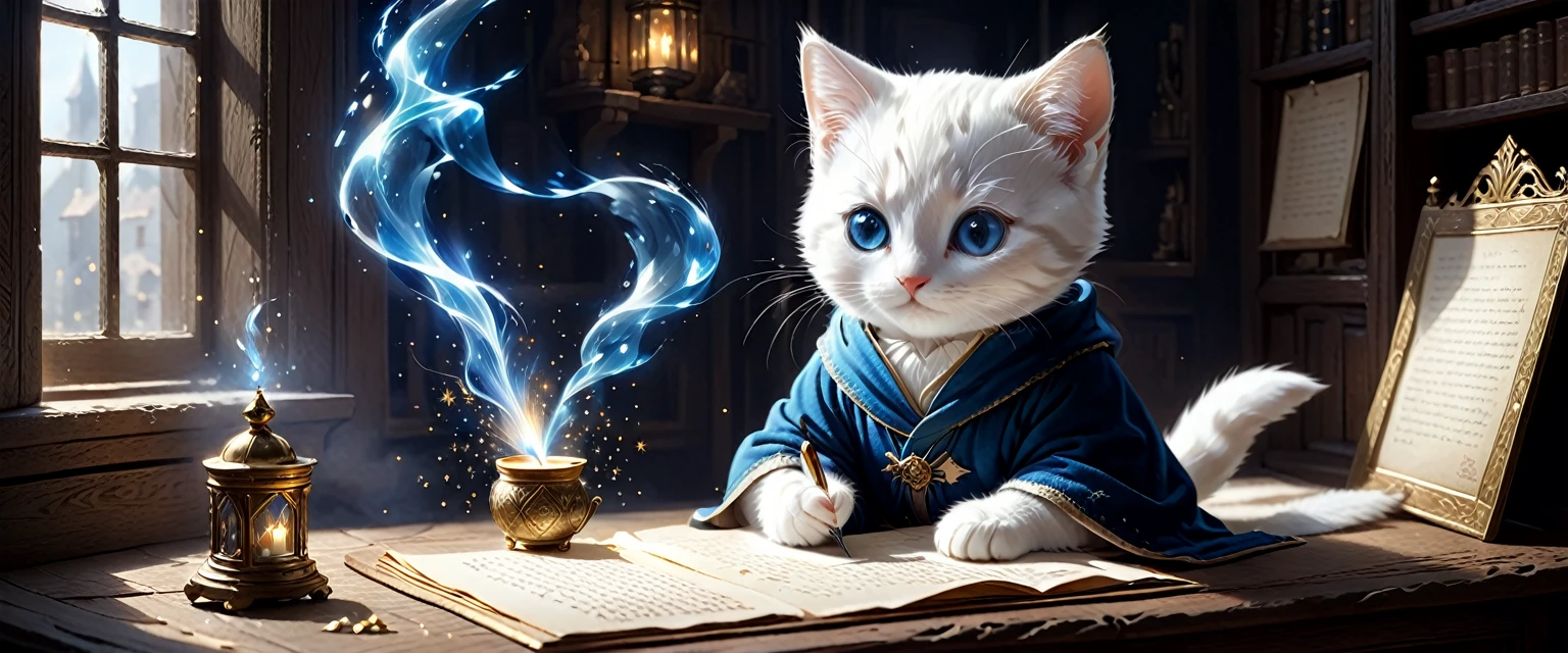 C4tt4stic, the historical background is medieval Europe, wearing a luxurious robe, surrounded by fine light particles, small and cute creature illustration, cute creature writing a letter alone in his room at home, fantasy art, exquisite details, Jean-Baptiste Monge style, Alan Lee style, anthropomorphic white kitten with blue eyes, movie scene, dramatic shot angle, atmospheric particles, realistic, raw cinematic photorealism, action portrait, 8k, detailed, full frame