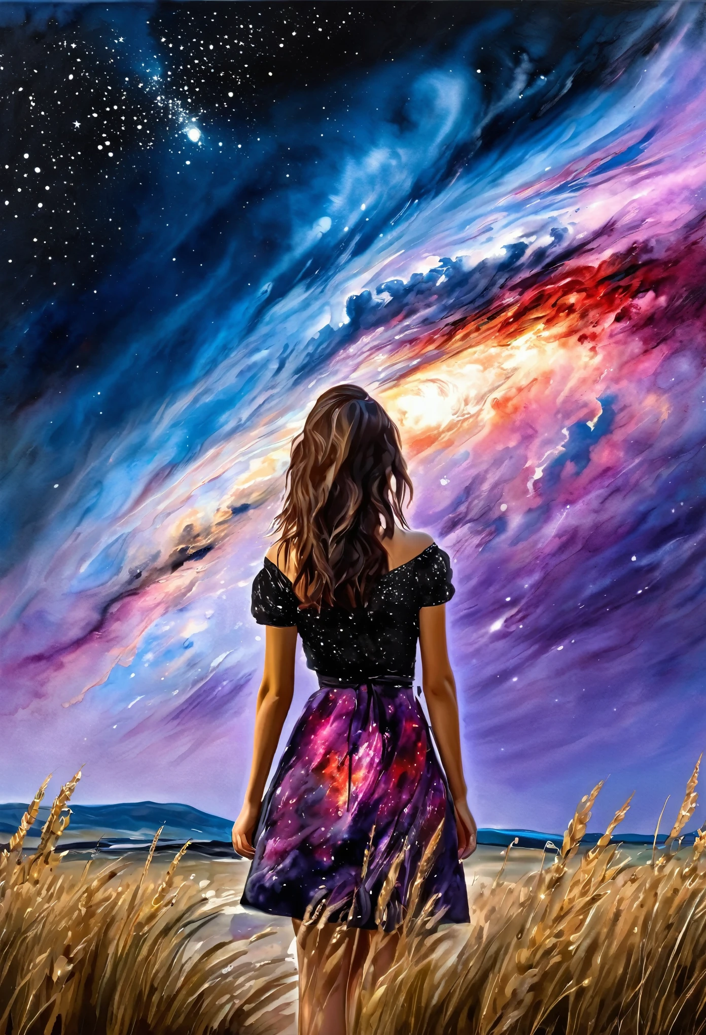 ((view from the back)): [Young 1girl, Cute Black Chaos hurricane Bob To The Wind, ((style by El Greco/Tomas Mann/John Constable!)!) baroque::20]:BG[Nebula IC434 crimson/liliac] (Art by Slawomir-Maniak), Lush watercolor palette canvas/acrylic, Intricate, Extreme detailing, Complex key, ((Single Shot)), ((Best Quality)), ((Masterpiece)) , ((perspective)), (IDEAL body), 8K, impressionism: 0.2 Обои Full HD