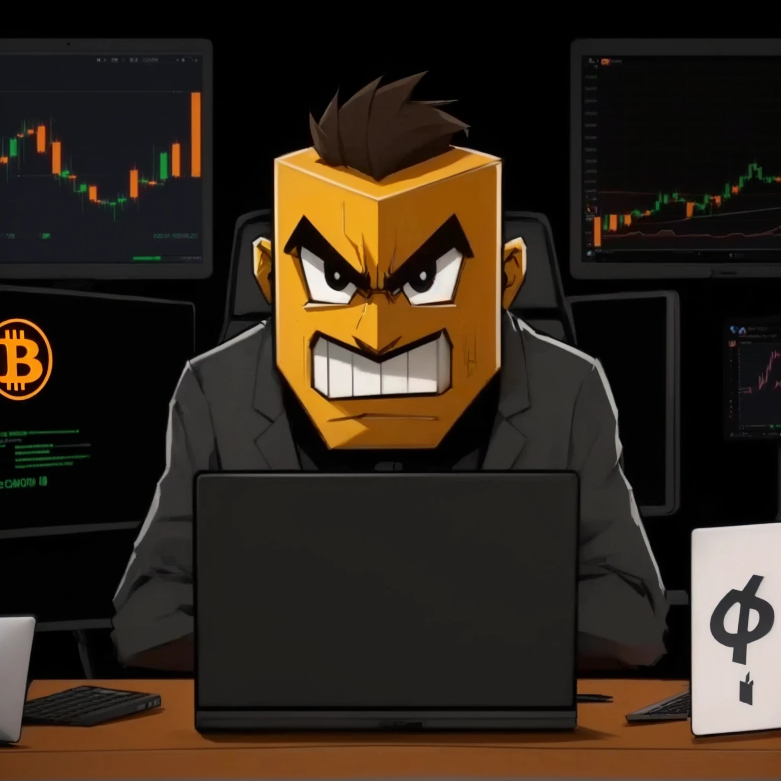 cartoon of a man sitting at a desk with a laptop and a bitcoin sign, 🚀🚀🚀, angry 8 k, 🔞🤡, menacing, bitcoin evil, menacing!, newgrounds, art depicting control freak, menacing look, crypto, looking menacing, youtube thumbnail, typical cryptocurrency nerd, blocktober, an epic majestical degen trader, traders