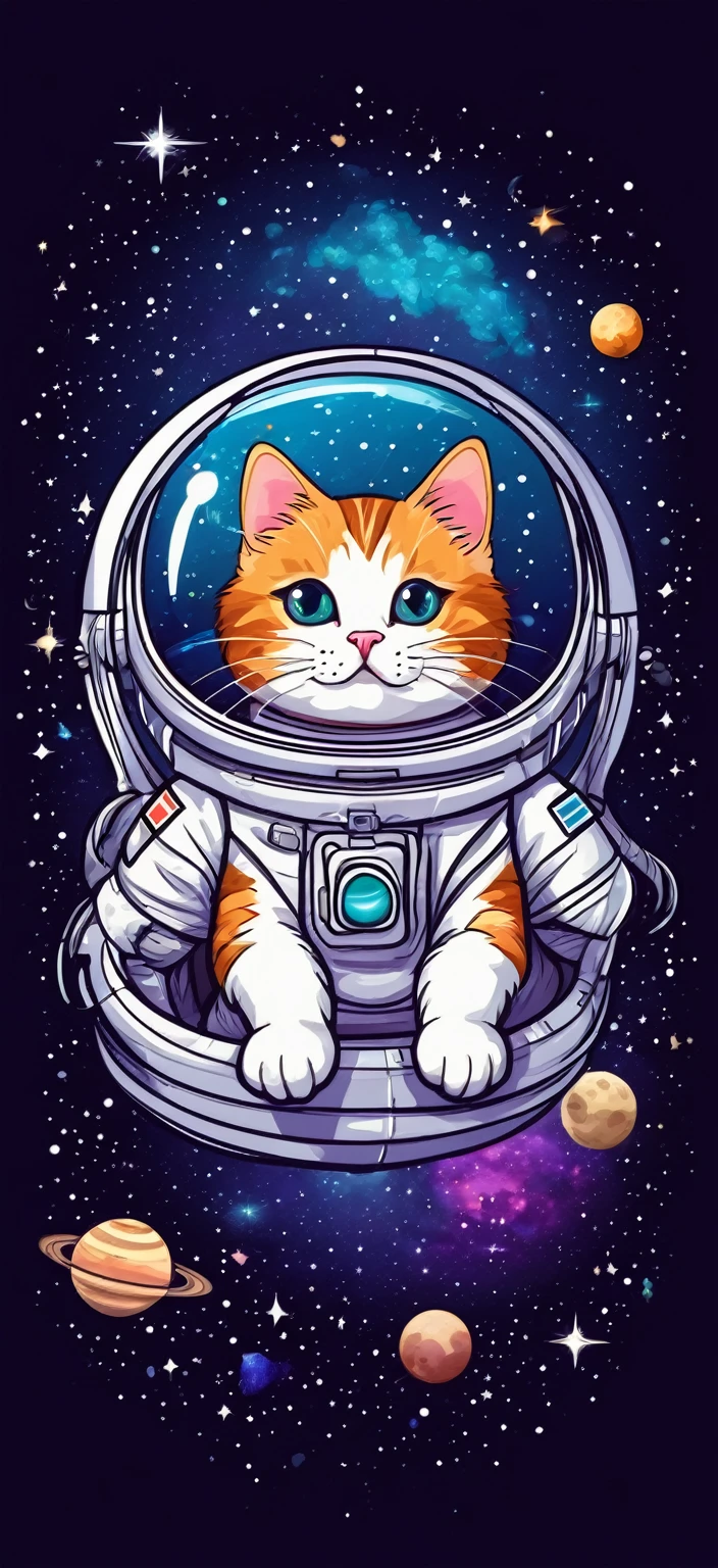 Cartoon illustration of a cat in space, official fan art, in space, kitten in outer space, in outer space, in deep space, in galaxies, deep space exploration!!!, space travel, wearing in stars and planets, outer space, outer space, starry sky in space, in space, official art, space, on a spaceship, colorful, cute, more detailed, light, more realistic, cartoon
