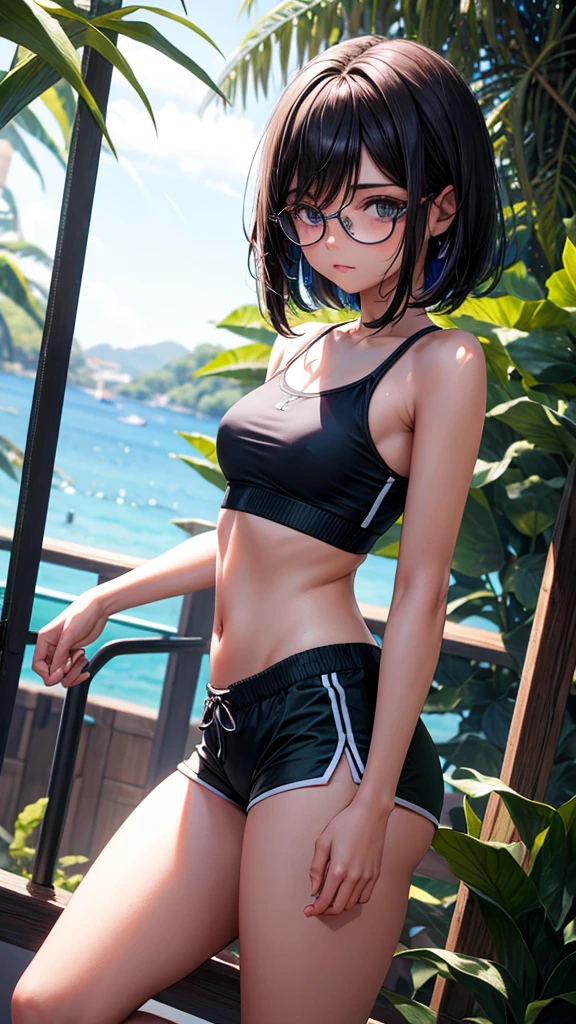 Morena,cabello corto,cabello negro,lentes verdes,micro shorts negros,sosten deportivos azul, muslos gruesos,piel oscura,personaje femenino