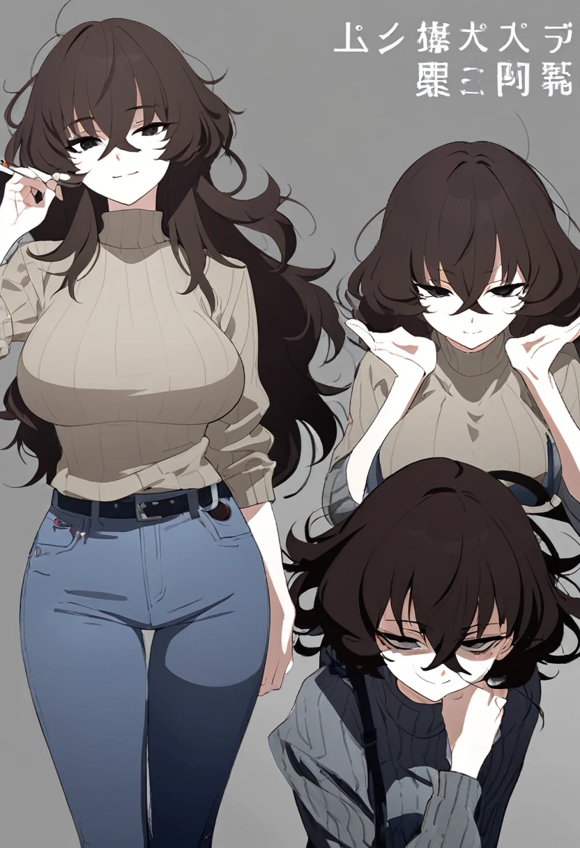 One Woman,Downer,older sister,Concept Art,Dark brown hair,Straight hair with slight inward curls,Staring eyes,Eye Ridge,black eye,Crossed bangs,whole body,smile,Larger breasts,Gray background,Bangs that reach down to the eyes,Messy hair,Perfect dark jeans,Light brown turtleneck sweater,Multiple views of the same character,Character Design,Dark circles under the eyes,Bad look,Listless,Sloppy,accessories,Cafe staff,Holding a cigarette,whole bodyCharacter Design,Detailed hands,