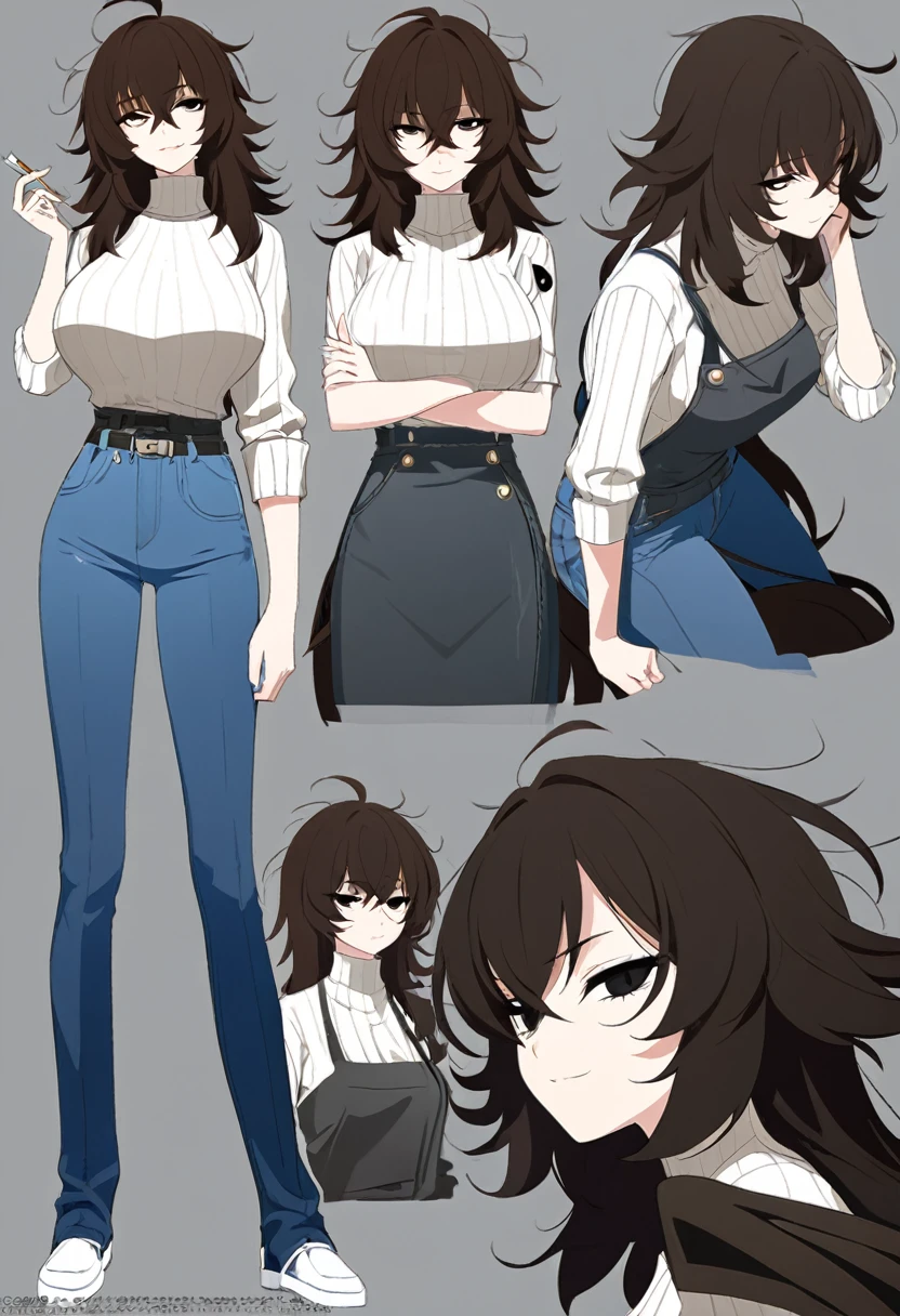 One Woman,Downer,older sister,Concept Art,Dark brown hair,Straight hair with slight inward curls,Staring eyes,Eye Ridge,black eye,Crossed bangs,whole body,smile,Larger breasts,Gray background,Bangs that reach down to the eyes,Messy hair,Perfect dark jeans,Light brown turtleneck sweater,Multiple views of the same character,Character Design,Dark circles under the eyes,Bad look,Listless,Sloppy,accessories,Cafe staff,Holding a cigarette,whole bodyCharacter Design,Detailed hands,