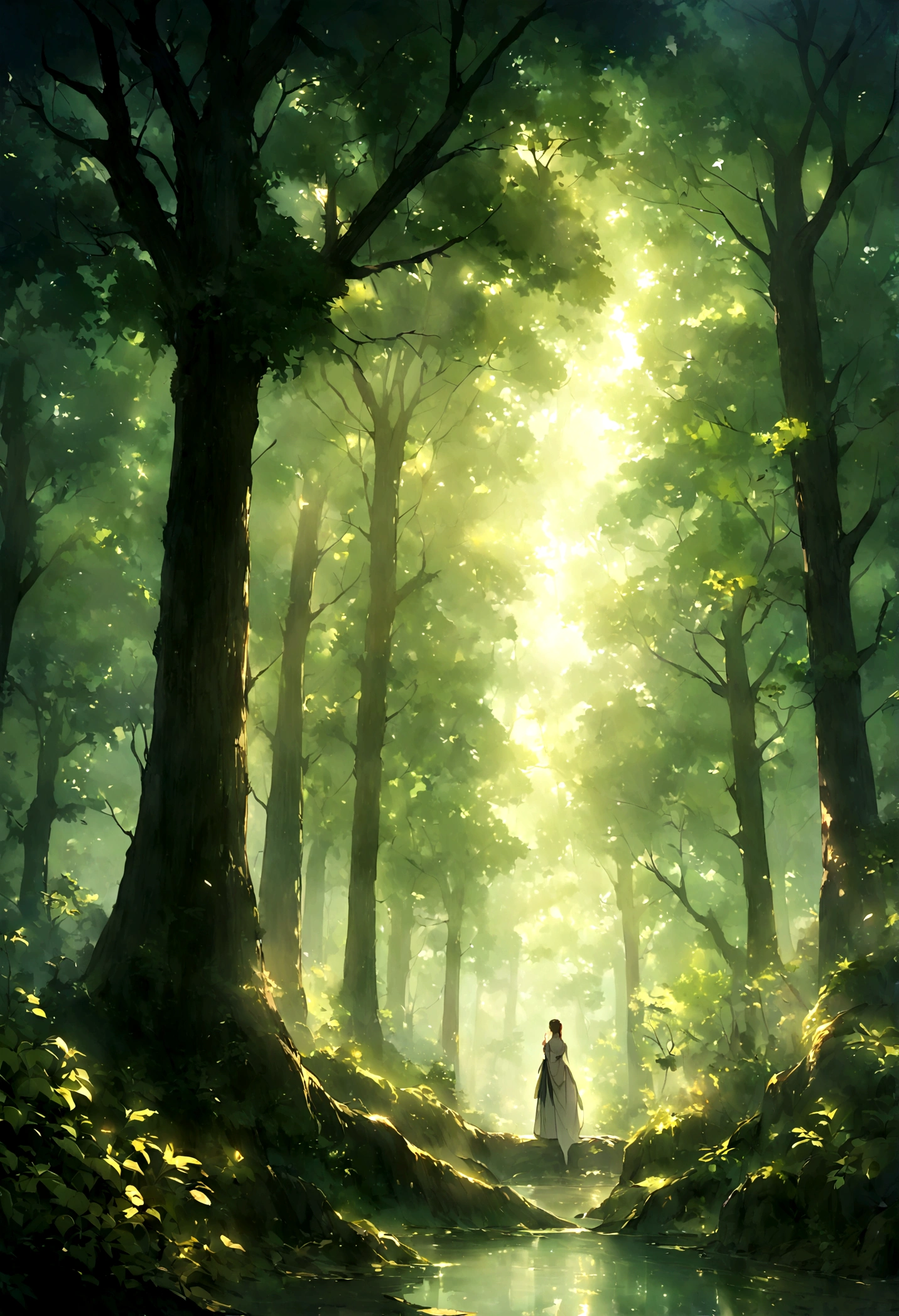 Amazing works of art,Ancient forest at dusk,The towering trees bathe in soft,The light shines through the leaves, peaceful