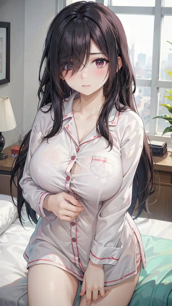 1girl,perfect ,black hair, long hair, (hair over one eye:1.4), messy hair, hair between eyes, plump chubby, busty breast, cute motif pajama, cute shy blush on , bedroom 