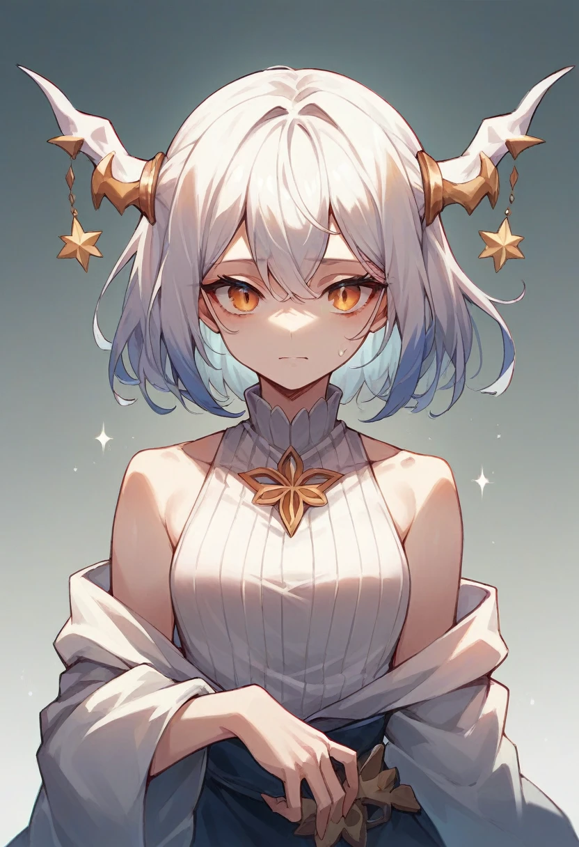 White hair, orange hair strips, long hair, orange eyes, black skin, short, small, godlike, naked, portrait, curly hair, ringlets, lòli