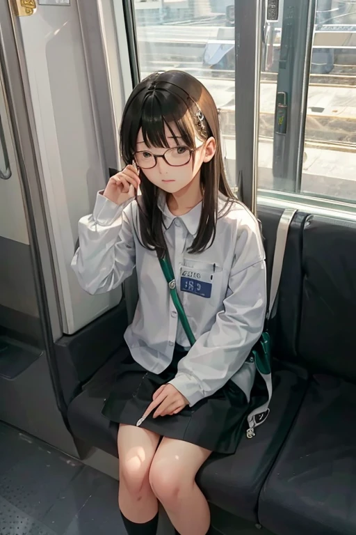 highest quality、masterpiece、High sensitivity、High resolution、detailed、Glasses、Looking up、Embarrassed face、Shyly、Sitting on the train、