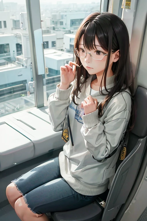 highest quality、masterpiece、High sensitivity、High resolution、detailed、Glasses、Looking up、Embarrassed face、Shyly、Sitting on the train、