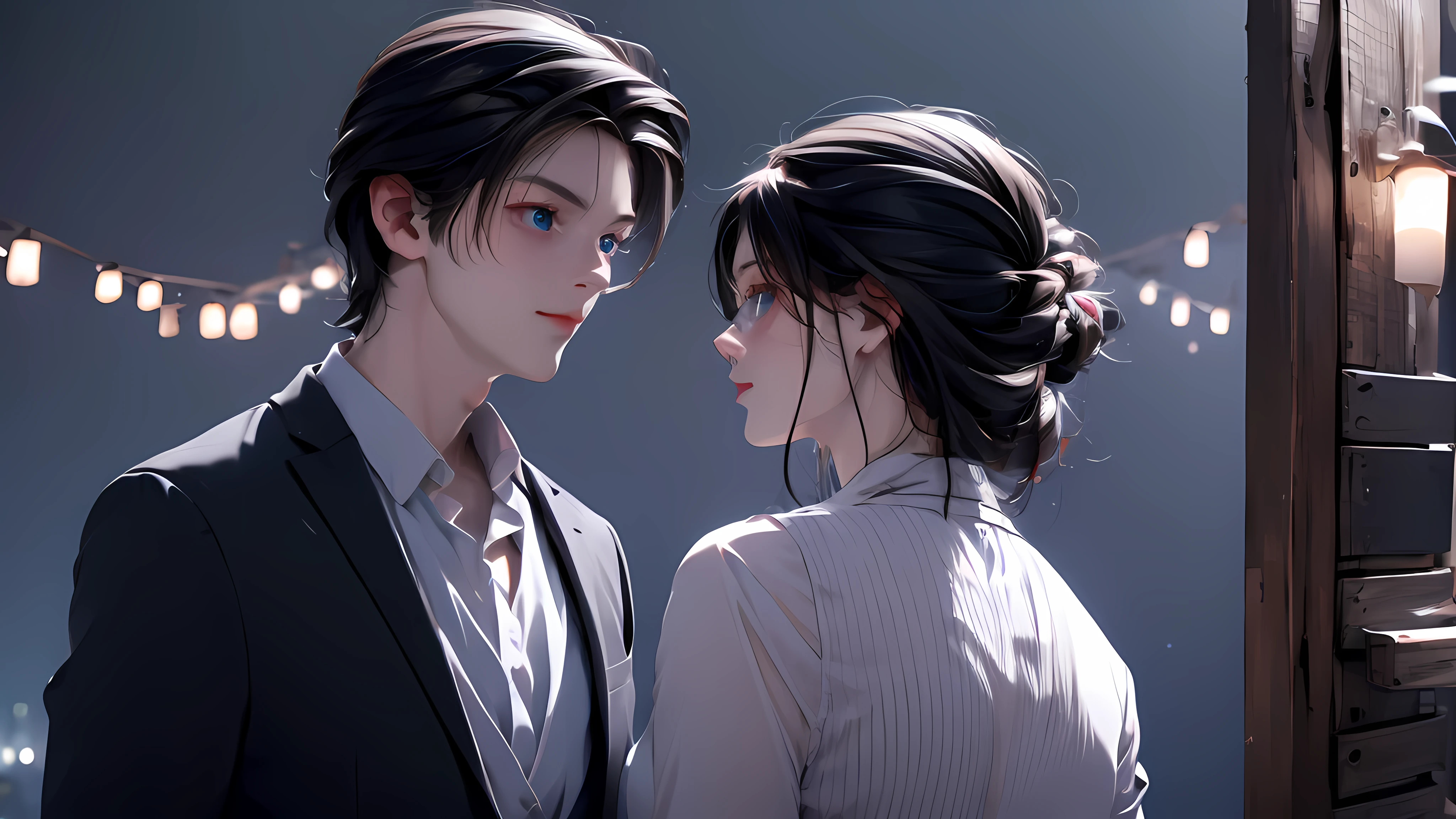 1 Boy&girl, medium light black hair, light blue eyes, wearing black suit, night city, 18+ , high res, ultrasharp, 8K, masterpiece, looking from behind