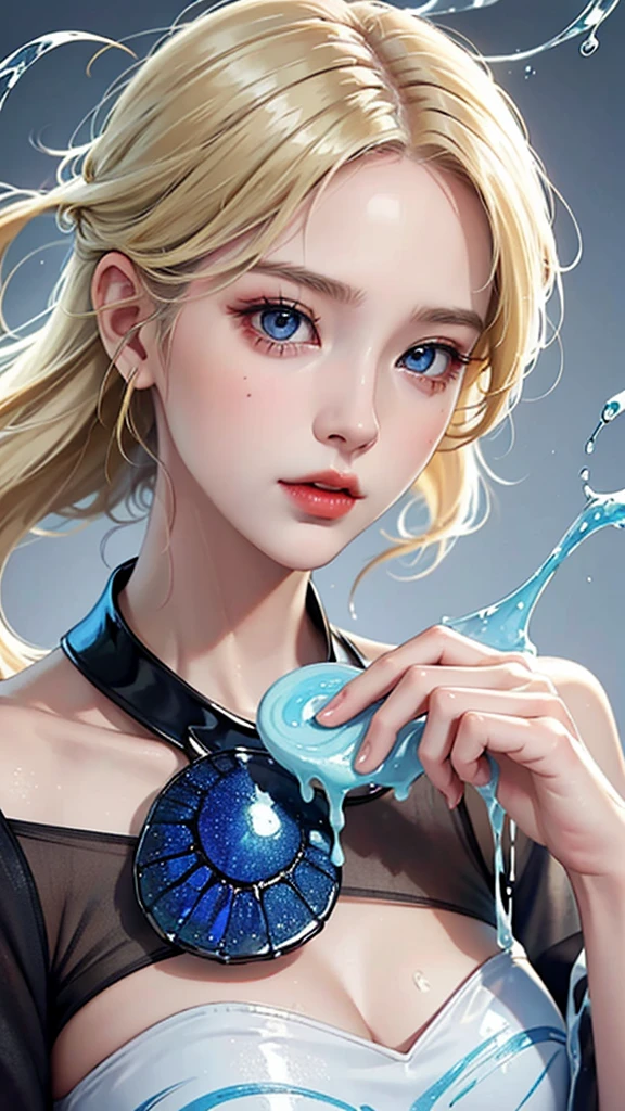 Beautiful female model with blonde hair, Hair with slight highlights, Gray-blue eyes, Medium mix, Wet paint, Gem beetle, Colored background, The color of the liquid flowing down her face., Photographed by Jinna Chan.. - At six p.m.&#39;clock,Big tits,body,nude