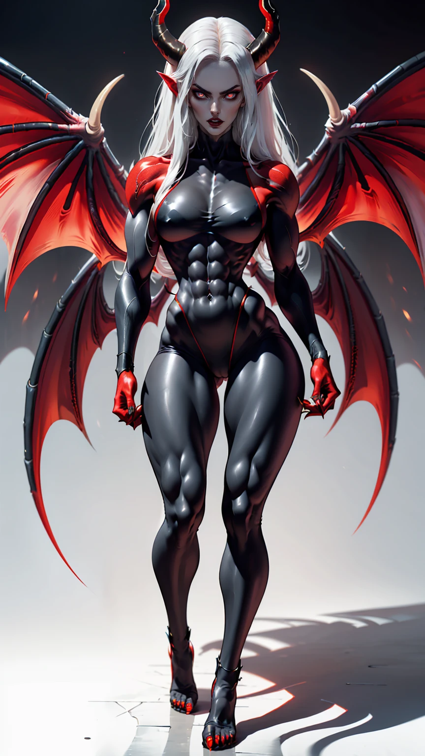 (megan fox), ((((((1 muscular demon girl)))))), (((huge upper body))), long hair, ((((huge demon wings))), (((pale skin))), (((sharp teeth, Huge horns, large nails))), navel, ((((full body front view)))), (((perfect hands, perfect fingers))), (((black empty background)))