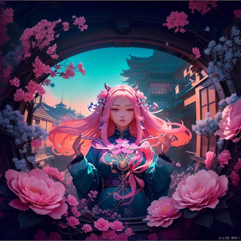There is a pink flower in the window frame, Beeple 和 Jeremiah Ketner, 美丽的number艺术作品, Surreal Waizi Flowers, Beautiful art UHD 4K, A beautiful artistic illustration, 超现实主义number艺术作品, Beeple 和 James Jean, Low Detail. number, Stunning digital illustrations, 详细的幻想number艺术, 3d 渲染number艺术