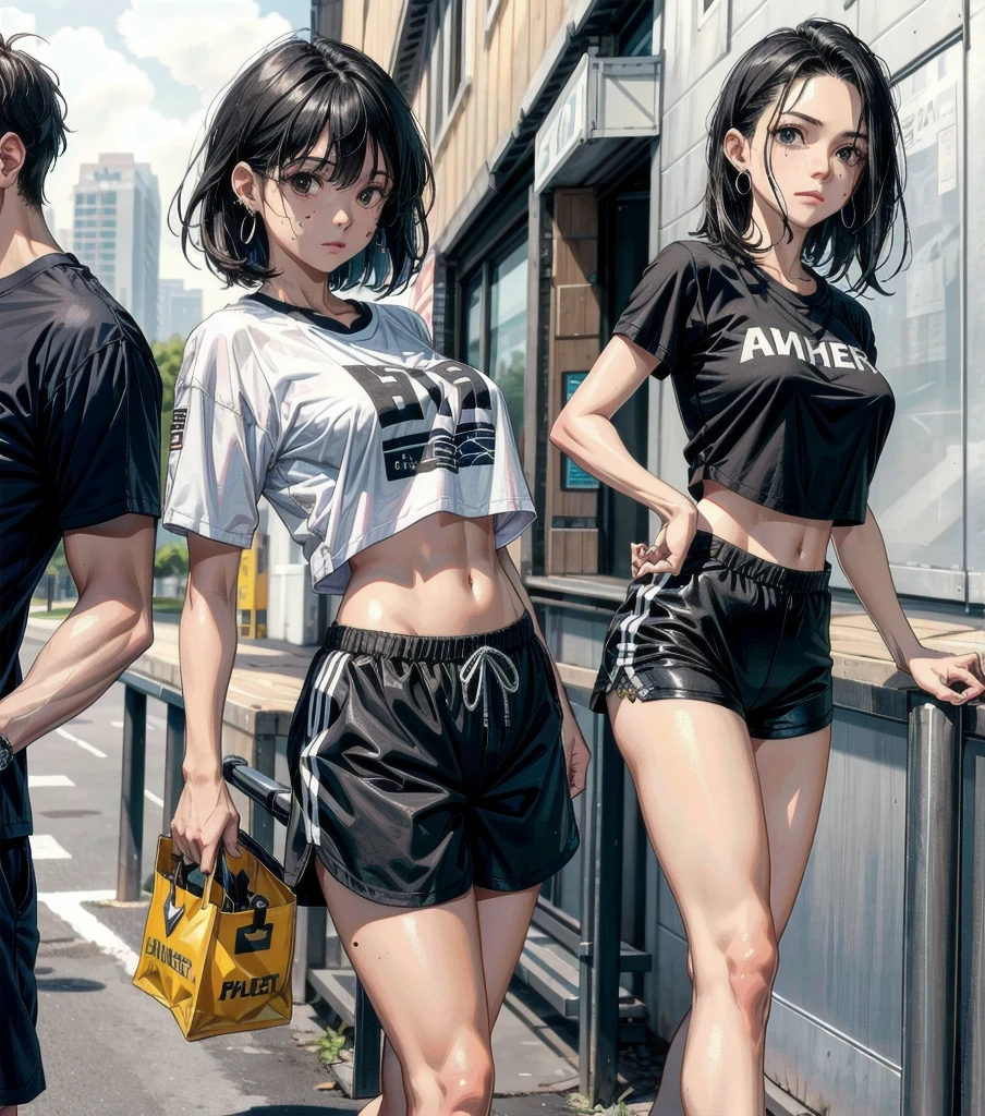 whole body, tearful mole, earring, medium hair, black hair, medium tits, Cropped t-shirt, sportswear, shorts,