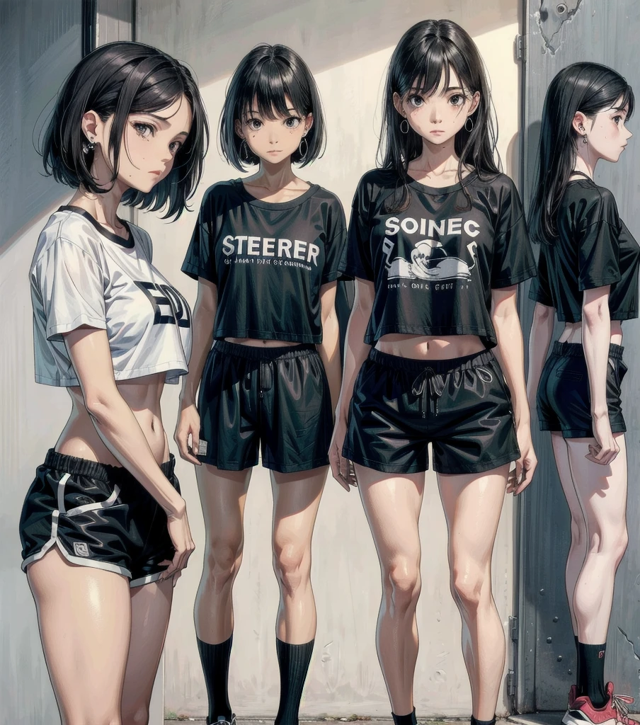 whole body, tearful mole, earring, medium hair, black hair, medium tits, Cropped t-shirt, sportswear, shorts,