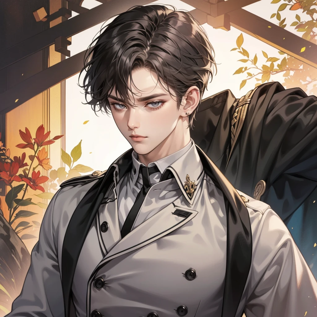 masterpiece, highest quality, Anime Style, 1 person, Mature Men, A quiet and attractive young man, Age 25, Close ~ eyes, Serious expression, Highly detailed face, ((Dark grey eyes)), ((Dark hair parted in the center)),, ((Double-breasted tailored jacket)),background:white、2 left ear piercings