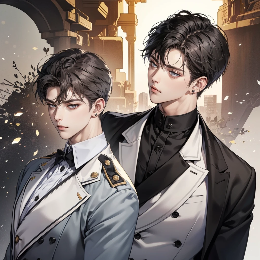 (highest resolution, distinct_image) A man of the best quality, masterpiece, highly detailed, semi realistic, black short haired man, bang, medium haired, 18 years old, young, tall and strong, black clothing, black uniform, military uniform, military academy, unruly, unrestrained, handsome, authoritative, powerful aura, exquisite facial features, facial details, indoor