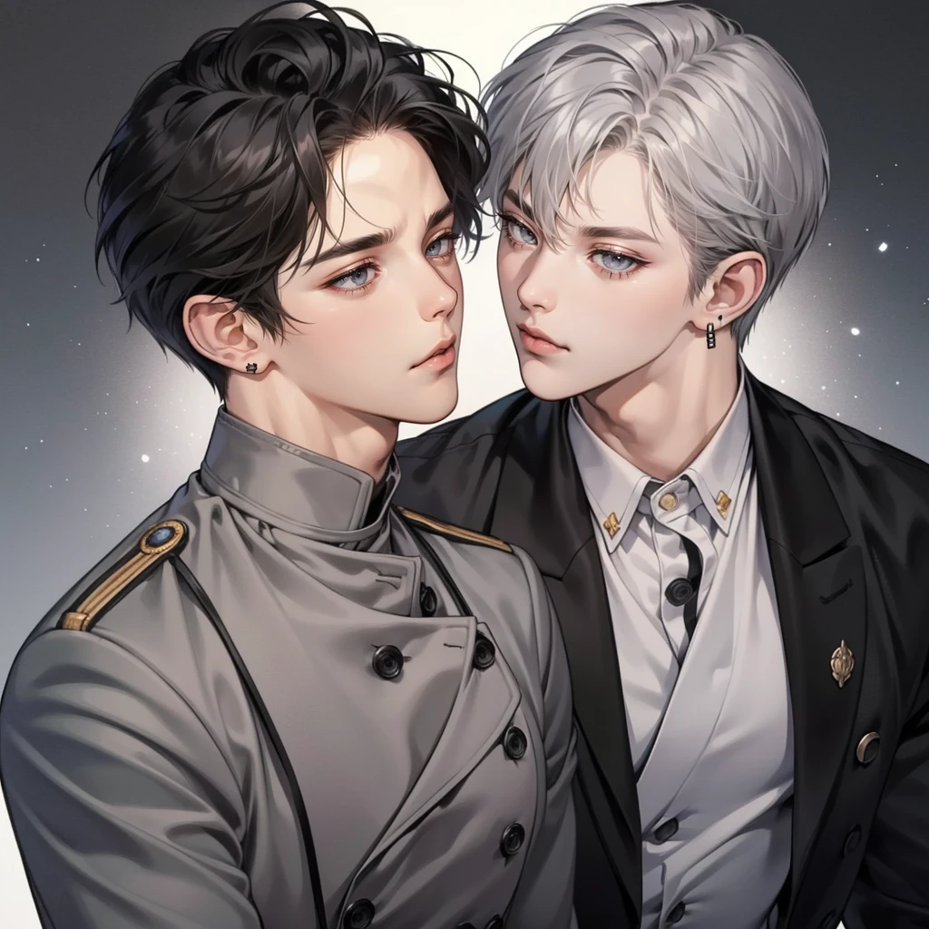 masterpiece, highest quality, Anime Style, 1 person, Mature Men, A quiet and attractive young man, Age 25, Close ~ eyes, Serious expression, Highly detailed face, ((Dark grey eyes)), ((Dark hair parted in the center)),, ((Double-breasted tailored jacket)),background:white、2 left ear piercings