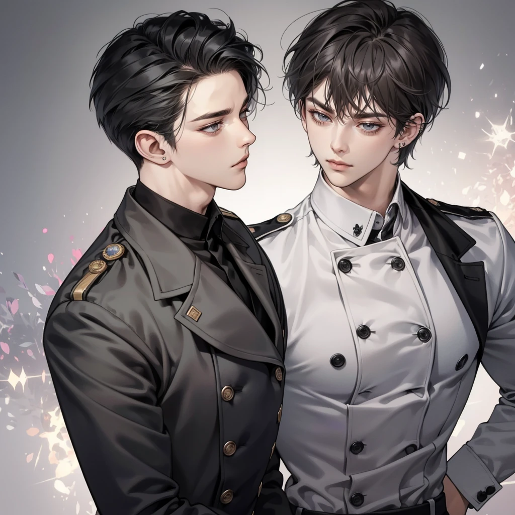 masterpiece, highest quality, Anime Style, 1 person, Mature Men, A quiet and attractive young man, Age 25, Close ~ eyes, Serious expression, Highly detailed face, ((Dark grey eyes)), ((Dark hair parted in the center)),, ((Double-breasted tailored jacket)),background:white、2 left ear piercings