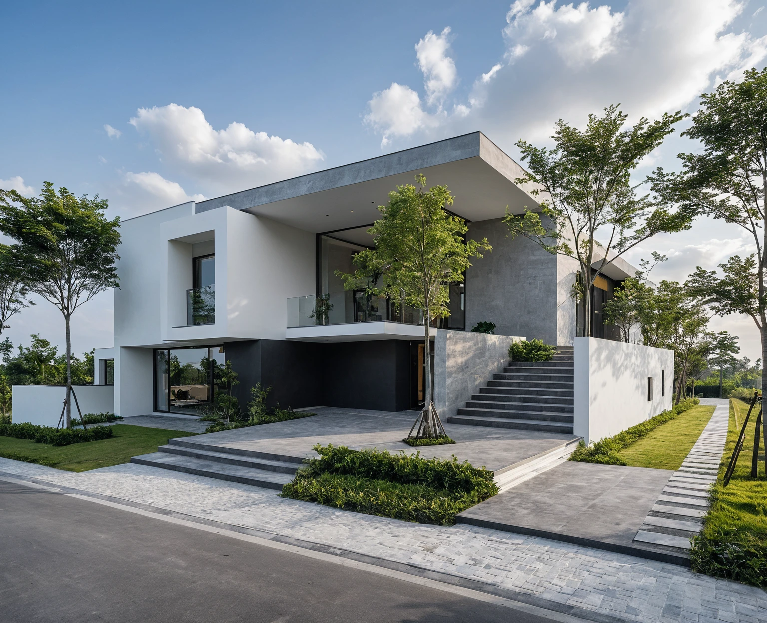 Masterpiece, high quality, best quality, authentic, super detail, outdoors, onestoreyvillaXL, aiaigroup, house style modern on the street ,stairs, white wall ,road,pavement, grass, trees, sky, cloud, (daylight:1.1)