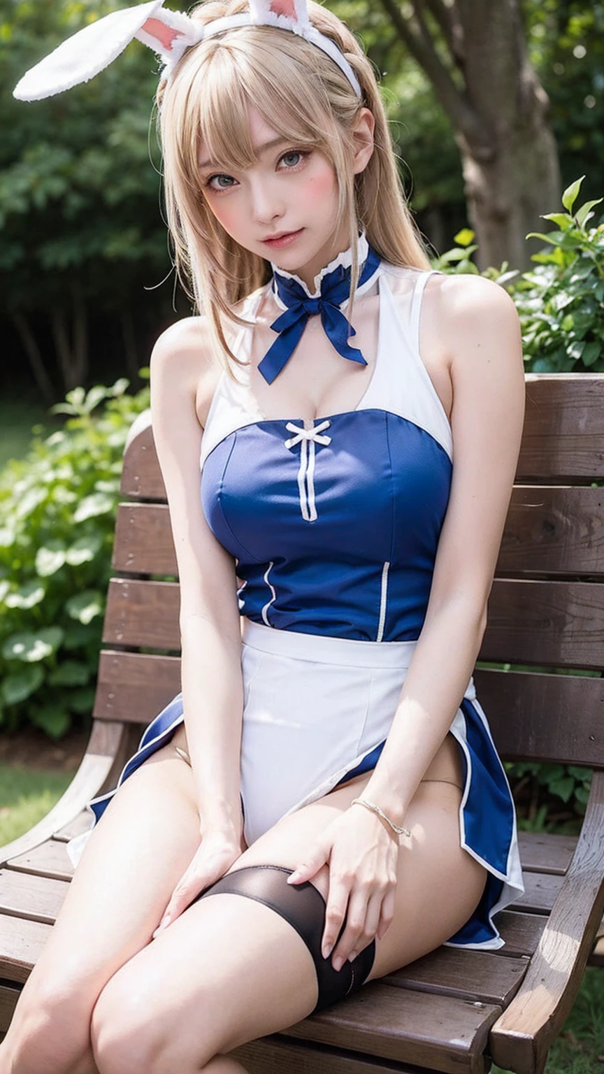 Rabbit Arturia's hairstyle, Huge breasts bigger than your head:1.4、One girl, Blonde Hair, Green Eyes, Long Hair, Cleavage, ponytail, Side Lock, belly button, Bare shoulders, Braiding, White tights, (Yellow-green background:1.6、Showing viewers her see-through thong panties:1.4、open chest)