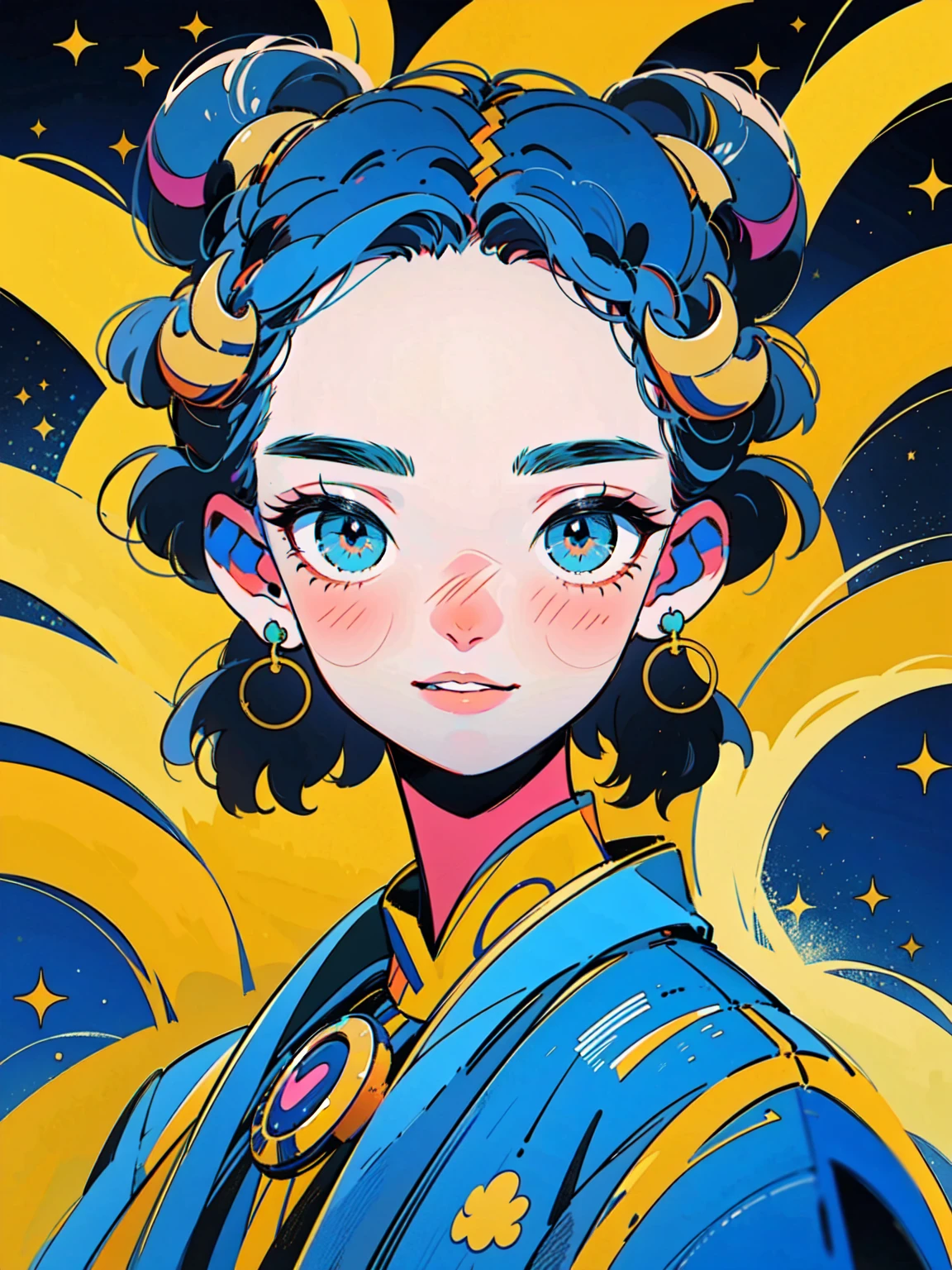 4lb1n0, 1girl, cosmic teal hair, Big eyes, Flower pattern on eyes, Pupil shape, radiant comet white eyes, planet ring earrings, constellation robe, glossy emerald lips, portrait with serene smile, cosmic void background, masterpiece, best quality, cut3h0rnstyl3, slightly tilted head, horns, (Stellar Sage)