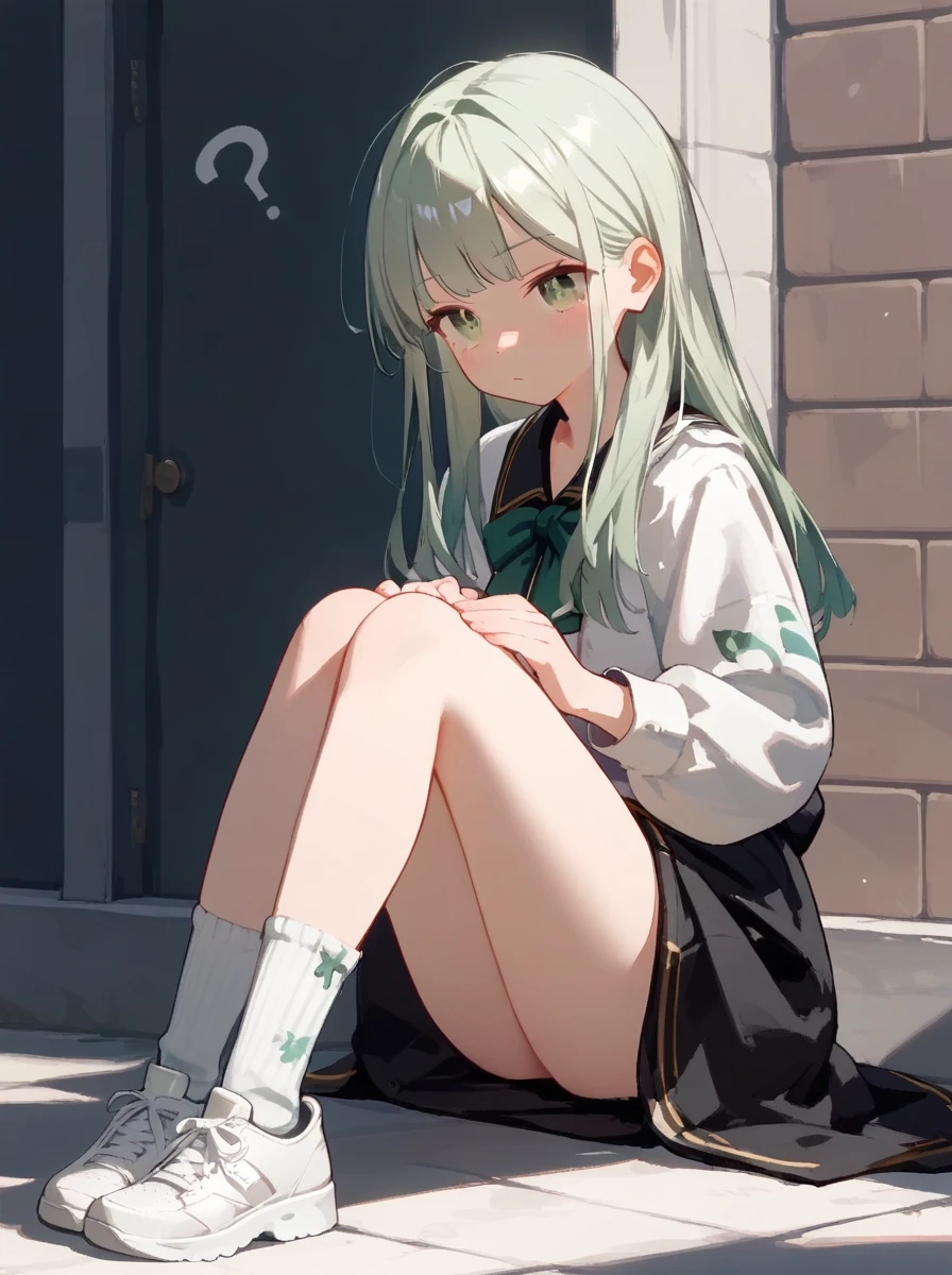 Like that, her hair is long, gray, she's wearing long clothes down to her knees, she's wearing socks, what's the name of the expensive ones, and white shoes, light green eyes?