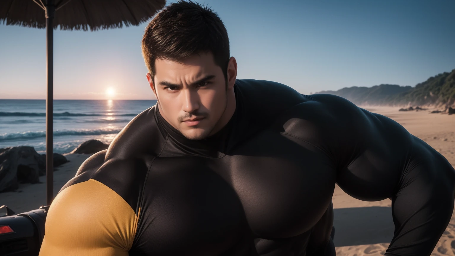 Super muscular man hugging, Open your mouth and scream,Look at each other affectionately,They embrace affectionately,short hair,Beach under the scorching sun, Wear long sleeves, Deep turtleneck bodysuit, Thickened warm elastic texture,Beach by the sea,beautiful landscape,The expression is arrogant, Thick thighs, messy hair, Thick thighs, High-necked long-sleeved dark yellow high-necked tights, very tight, Regular symmetrical pattern, Highlight muscles, Police uniform pants, character concept(Resident Evil - chris redfield, chris redfield)A proud expression, Deep and charming eyes, Valiant male pose, tall Burly, muscular!muscular thighs, Tough Guy, Perfect facial features, High, Burly, Heqiang, Super exquisite and cool, High Resolution Committee, Attractive, The sun is blazing, Dazzling