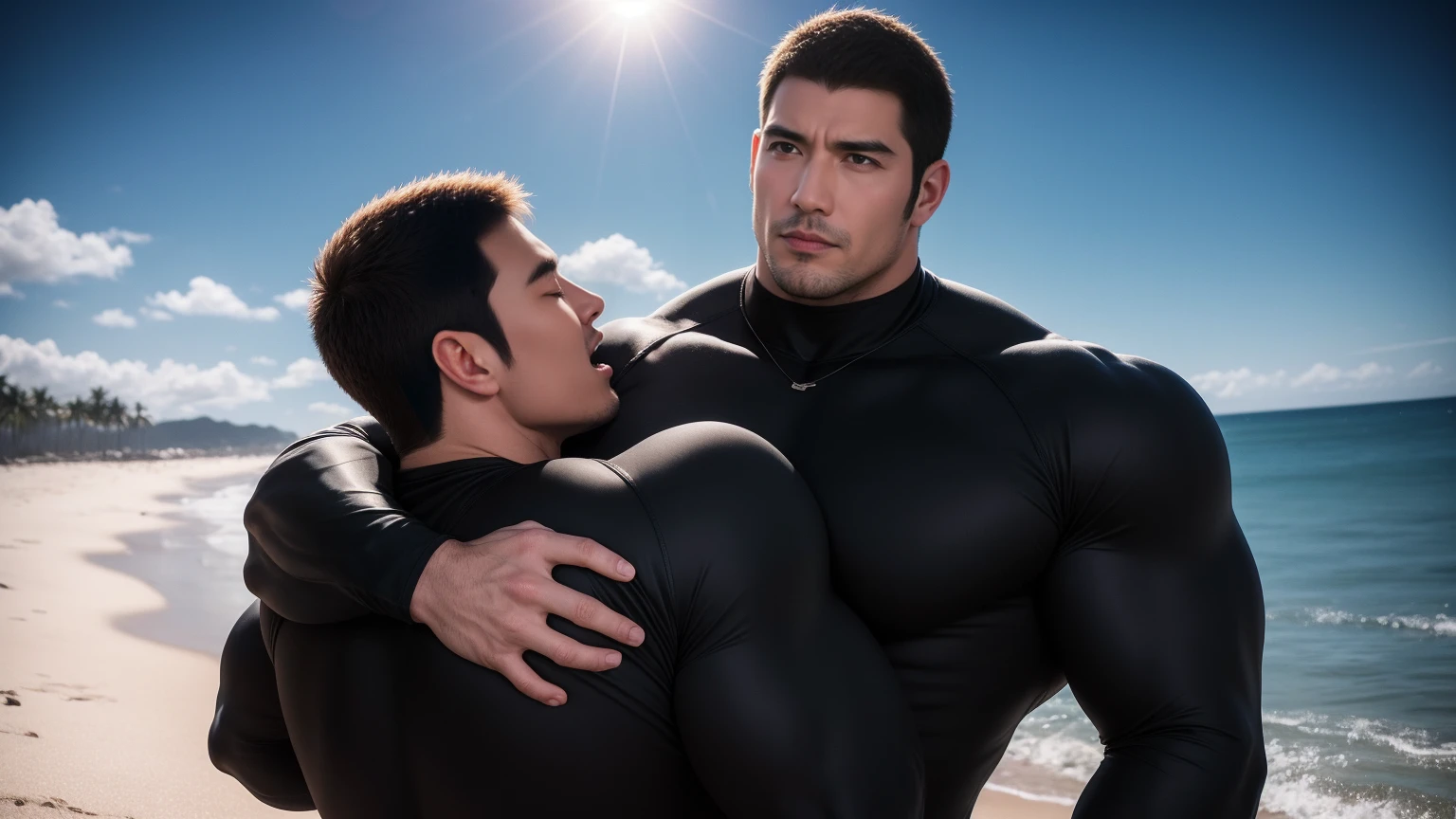 Super muscular man hugging, Open your mouth and scream,Look at each other affectionately,They embrace affectionately,short hair,Beach under the scorching sun, Wear long sleeves, Deep turtleneck bodysuit, Thickened warm elastic texture,Beach by the sea,beautiful landscape,The expression is arrogant, Thick thighs, messy hair, Thick thighs, High-necked long-sleeved dark yellow high-necked tights, very tight, Regular symmetrical pattern, Highlight muscles, Police uniform pants, character concept(Resident Evil - chris redfield, chris redfield)A proud expression, Deep and charming eyes, Valiant male pose, tall Burly, muscular!muscular thighs, Tough Guy, Perfect facial features, High, Burly, Heqiang, Super exquisite and cool, High Resolution Committee, Attractive, The sun is blazing, Dazzling