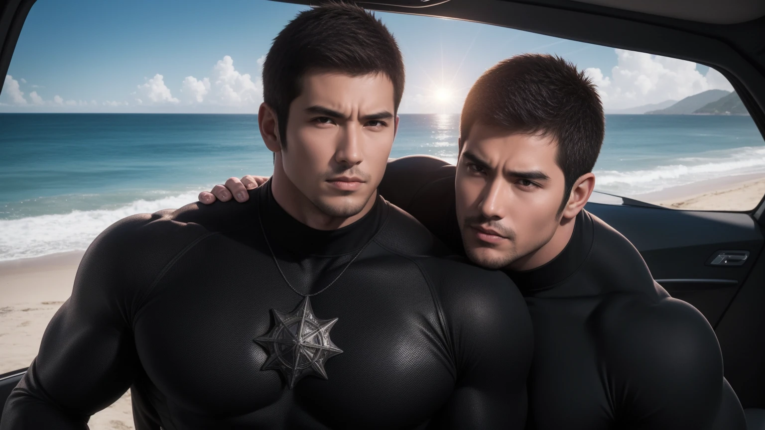 Super muscular man hugging,  Open your mouth and scream，Look at each other affectionately，They embrace affectionately，short hair，Beach under the scorching sun, Wear long sleeves, Deep turtleneck bodysuit, Thickened warm elastic texture，Beach by the sea，beautiful landscape，The expression is arrogant, Thick thighs, messy hair, Thick thighs, High-necked long-sleeved dark yellow high-necked tights, very tight, Regular symmetrical pattern, Highlight muscles, Police uniform pants, character concept（Resident Evil - chris redfield, chris redfield）A proud expression, Deep and charming eyes, Valiant male pose, tall Burly, muscular！muscular thighs, Tough Guy, Perfect facial features, High, Burly, Heqiang, Super exquisite and cool, High Resolution Committee, Attractive, The sun is blazing, Dazzling