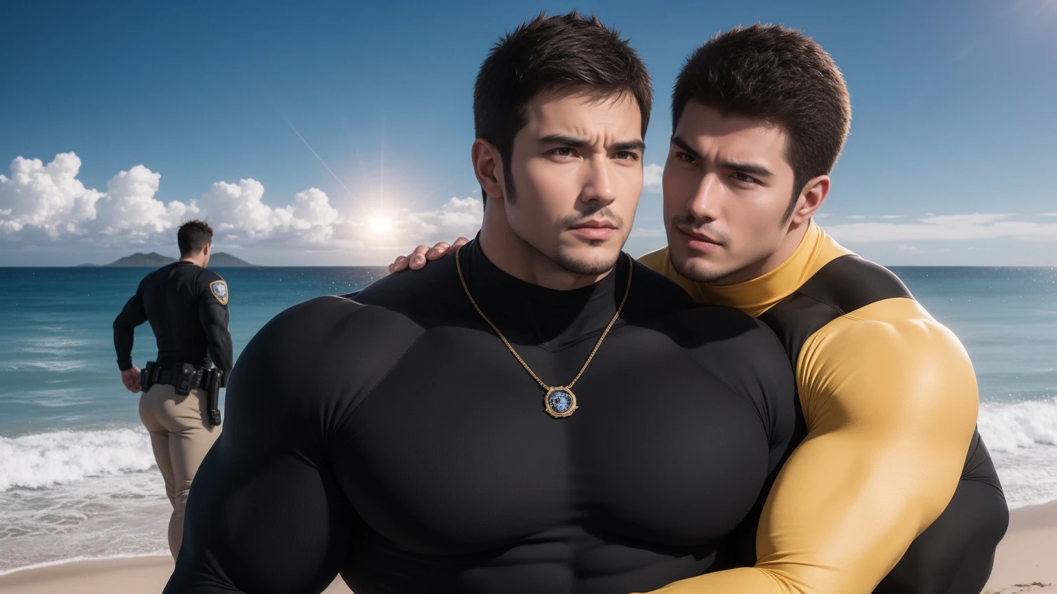 Super muscular man hugging,  Open your mouth and scream，Look at each other affectionately，They embrace affectionately，short hair，Beach under the scorching sun, Wear long sleeves, Deep turtleneck bodysuit, Thickened warm elastic texture，Beach by the sea，beautiful landscape，The expression is arrogant, Thick thighs, messy hair, Thick thighs, High-necked long-sleeved dark yellow high-necked tights, very tight, Regular symmetrical pattern, Highlight muscles, Police uniform pants, character concept（Resident Evil - chris redfield, chris redfield）A proud expression, Deep and charming eyes, Valiant male pose, tall Burly, muscular！muscular thighs, Tough Guy, Perfect facial features, High, Burly, Heqiang, Super exquisite and cool, High Resolution Committee, Attractive, The sun is blazing, Dazzling