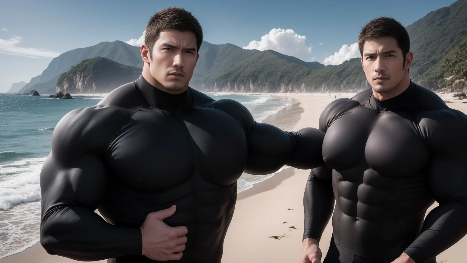 Super muscular man hugging,  Open your mouth and scream，Look at each other affectionately，They embrace affectionately，short hair，Beach under the scorching sun, Wear long sleeves, Deep turtleneck bodysuit, Thickened warm elastic texture，Beach by the sea，beautiful landscape，The expression is arrogant, Thick thighs, messy hair, Thick thighs, High-necked long-sleeved dark yellow high-necked tights, very tight, Regular symmetrical pattern, Highlight muscles, Police uniform pants, character concept（Resident Evil - chris redfield, chris redfield）A proud expression, Deep and charming eyes, Valiant male pose, tall Burly, muscular！muscular thighs, Tough Guy, Perfect facial features, High, Burly, Heqiang, Super exquisite and cool, High Resolution Committee, Attractive, The sun is blazing, Dazzling