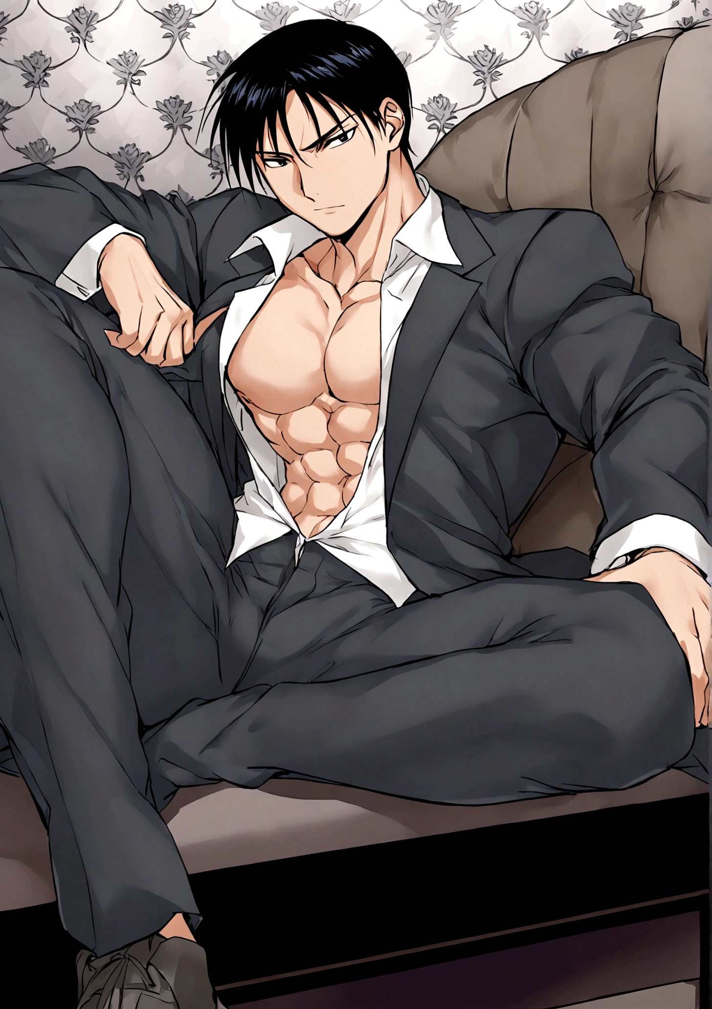 Roy Mustang from Full Metal Alchemist, muscular, shirtless, defined body, open shirt