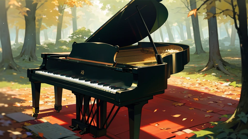 A grand piano placed in a forest of green autumn leaves with sunlight filtering through the trees、The soft sunlight filtering through the trees makes it sparkle.、One grand piano、There is no one、新海誠風のAn illustrationタッチで、粗いanime風に、anime、An illustration、Green fallen leaves、Black Grand Piano、The only grand piano