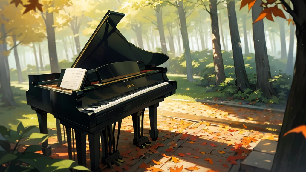 A grand piano placed in a forest of green autumn leaves with sunlight filtering through the trees、The soft sunlight filtering through the trees makes it sparkle.、One grand piano、There is no one、新海誠風のAn illustrationタッチで、粗いanime風に、anime、An illustration、Green fallen leaves、Black Grand Piano、The only grand piano