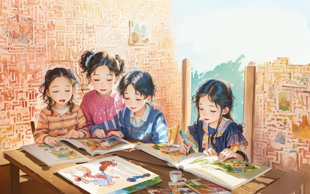 painting of a family sitting at a table with a book, childrenbook illustration, children book illustration, children’s book illustration, children's book illustration, by Helen Berman, colorful kids book illustration, a storybook illustration, kids book illustration, story book illustration, a digital rendering, illustration for children, children's illustration, an illustration, children