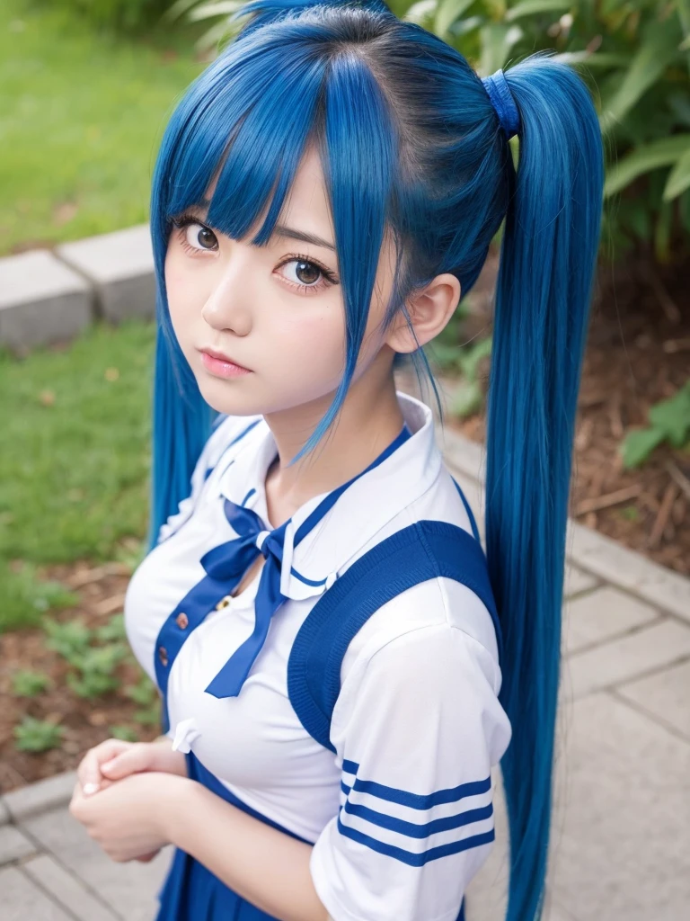 Illustrate a cute tsundere girl with twin tails and blue hair.
