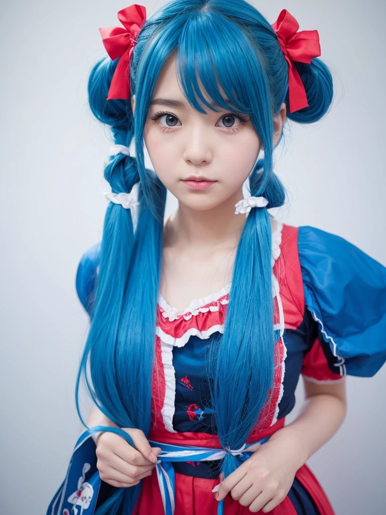 twogirls、Blue-haired、Half-twin tails with blue hair、red clothing