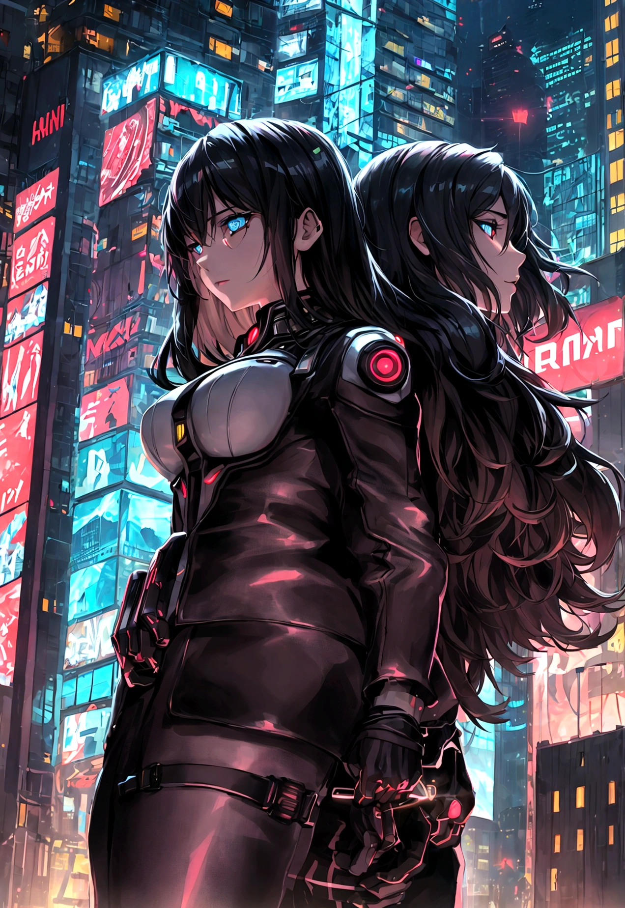 “It portrays Eva and Leo, two characters in a cyberpunk environment. Eva is a young woman with long dark hair, deep and expressive eyes, and an upright posture, reflecting determination and bravery. Leo is a man with a strong and athletic appearance, with short dark hair and scars that mark his face, his eyes reflect experience and wisdom.

They are holding hands and facing each other, in the middle of the ruins of a futuristic city illuminated by neon lights. Around them, holographic screens and illuminated advertisements flash, while drones patrol the night sky. The scene must capture both the technological tension of the cyberpunk world and the human and emotional connection between Eva and Leo. The night breeze caresses their faces, and the lights of the skyscrapers reflect in their eyes, symbolizing hope and challenge.”
