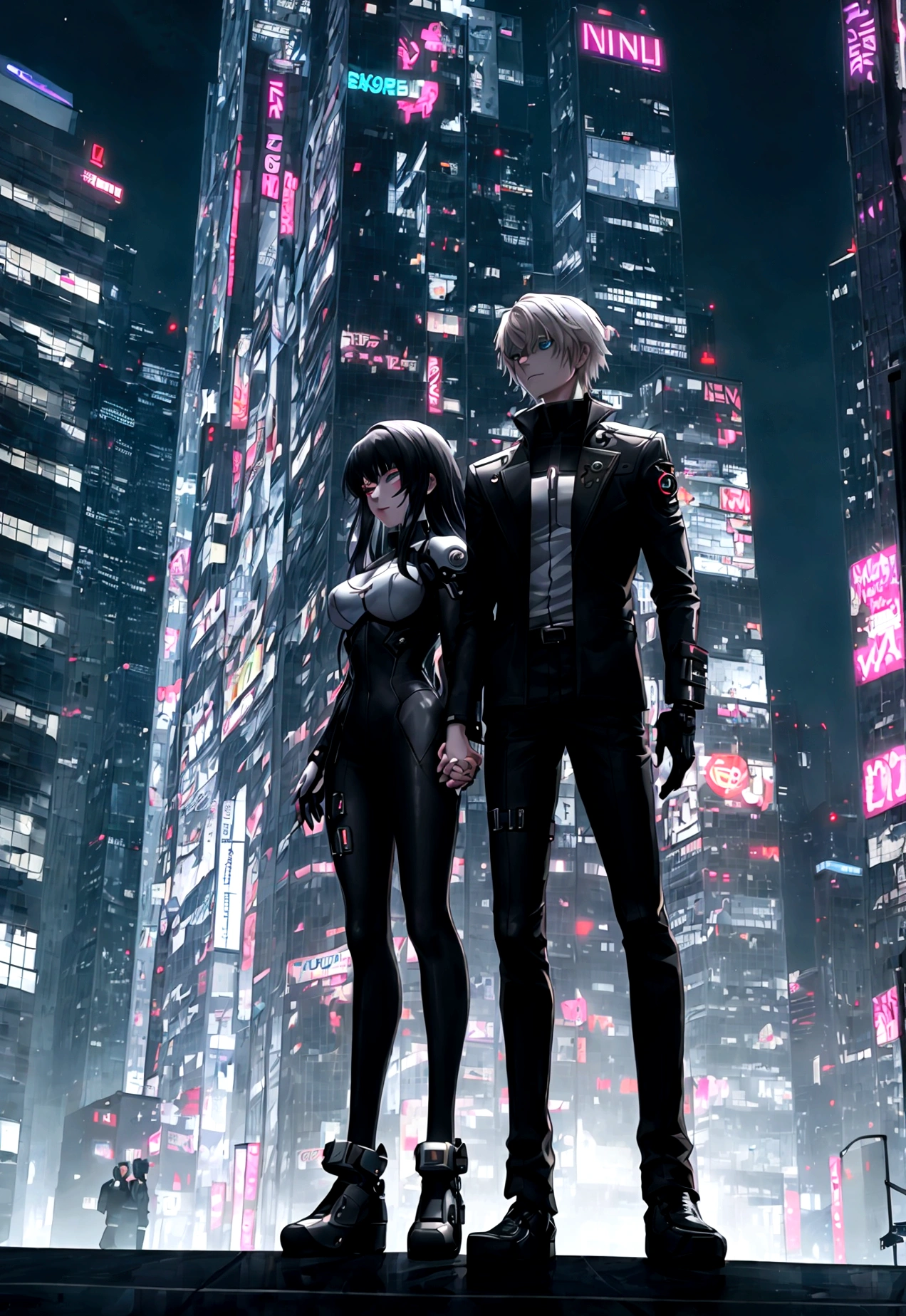 “It portrays Eva and Leo, two characters in a cyberpunk environment. Eva is a young woman with long dark hair, deep and expressive eyes, and an upright posture, reflecting determination and bravery. Leo is a man with a strong and athletic appearance, with short dark hair and scars that mark his face, his eyes reflect experience and wisdom.

They are holding hands and facing each other, in the middle of the ruins of a futuristic city illuminated by neon lights. Around them, holographic screens and illuminated advertisements flash, while drones patrol the night sky. The scene must capture both the technological tension of the cyberpunk world and the human and emotional connection between Eva and Leo. The night breeze caresses their faces, and the lights of the skyscrapers reflect in their eyes, symbolizing hope and challenge.”
