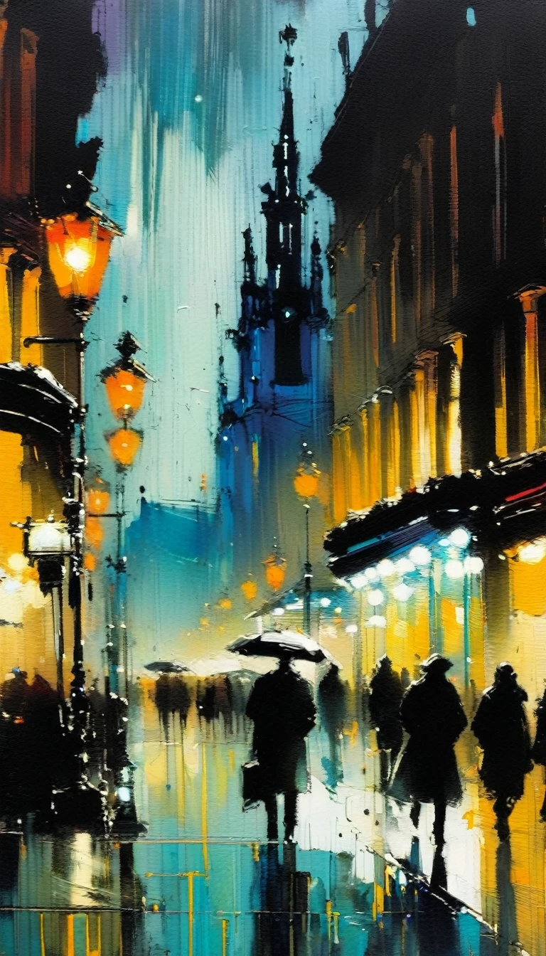 the bustling city, night, inspired in Brussels (art inspired by Bill Sienkiewicz). oil painting, details of brush strokes that enhance depth)