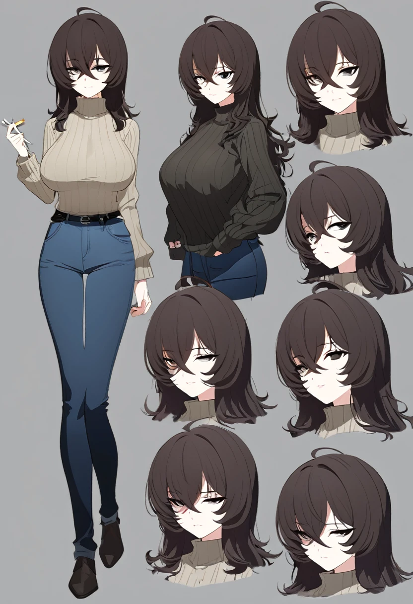 One Woman,Downer,older sister,Concept Art,Dark brown hair,Straight hair with slight inward curls,Staring eyes,Eye Ridge,black eye,Crossed bangs,whole body,smile,Larger breasts,Gray background,Bangs that reach down to the eyes,Messy hair,Perfect dark jeans,Light brown turtleneck sweater,Multiple views of the same character,Character Design,Dark circles under the eyes,Bad look,Listless,Sloppy,accessories,Cafe staff,Holding a cigarette,whole bodyCharacter Design,Detailed hands,