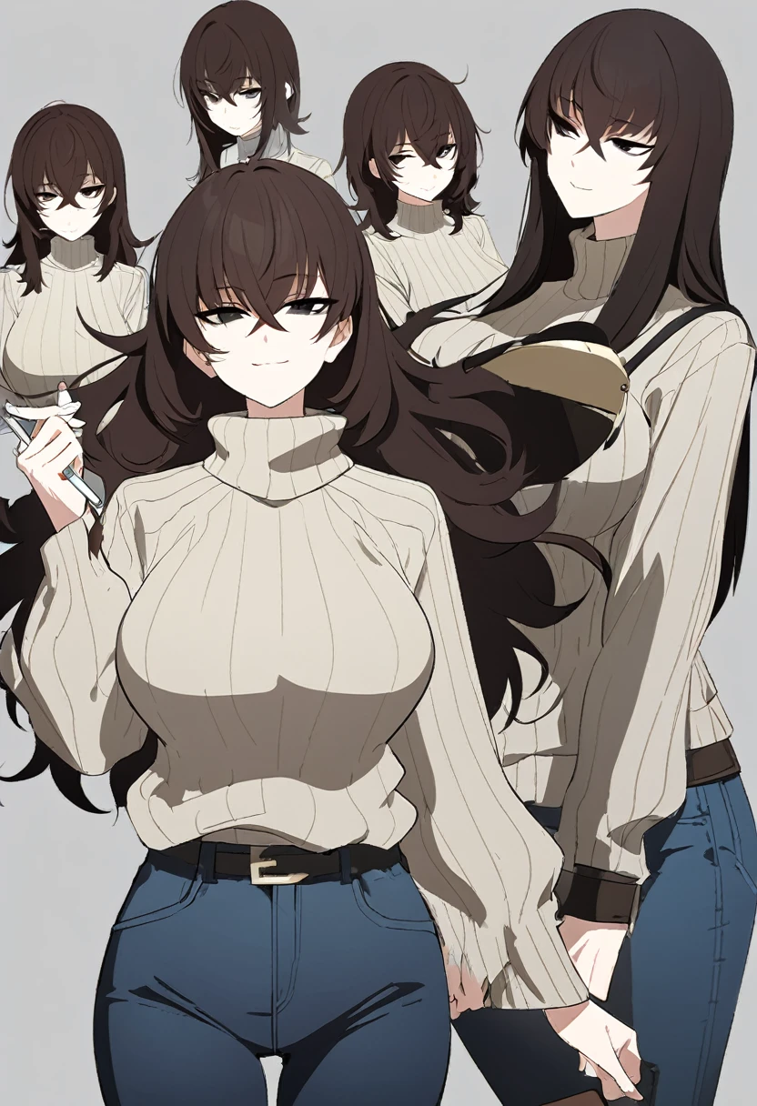 One Woman,Downer,older sister,Concept Art,Dark brown hair,Straight hair with slight inward curls,Staring eyes,Eye Ridge,black eye,Crossed bangs,whole body,smile,Larger breasts,Gray background,Bangs that reach down to the eyes,Messy hair,Perfect dark jeans,Light brown turtleneck sweater,Multiple views of the same character,Character Design,Dark circles under the eyes,Bad look,Listless,Sloppy,accessories,Cafe staff,Holding a cigarette,whole bodyCharacter Design,Detailed hands,